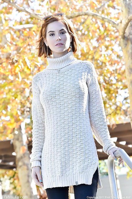 Short-haired redhead in a cozy sweater flashing her tits outdoors - FTV ...
